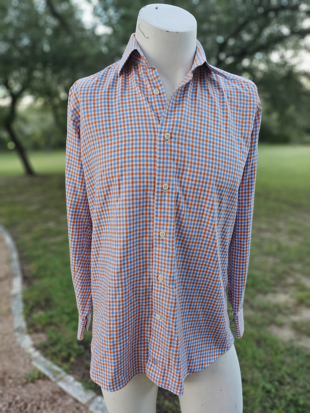 David Donahue Men's Orange & Blue Cotton Check Trim Button Shirt 15 1/2 32/33